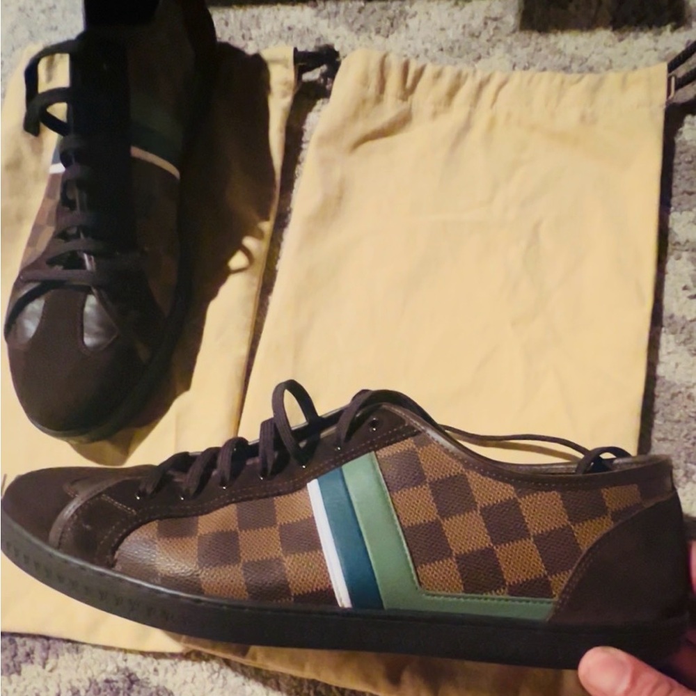 Louis Vuitton Dark Brown Sneakers with Teal Stripe - Picture 2 of 6